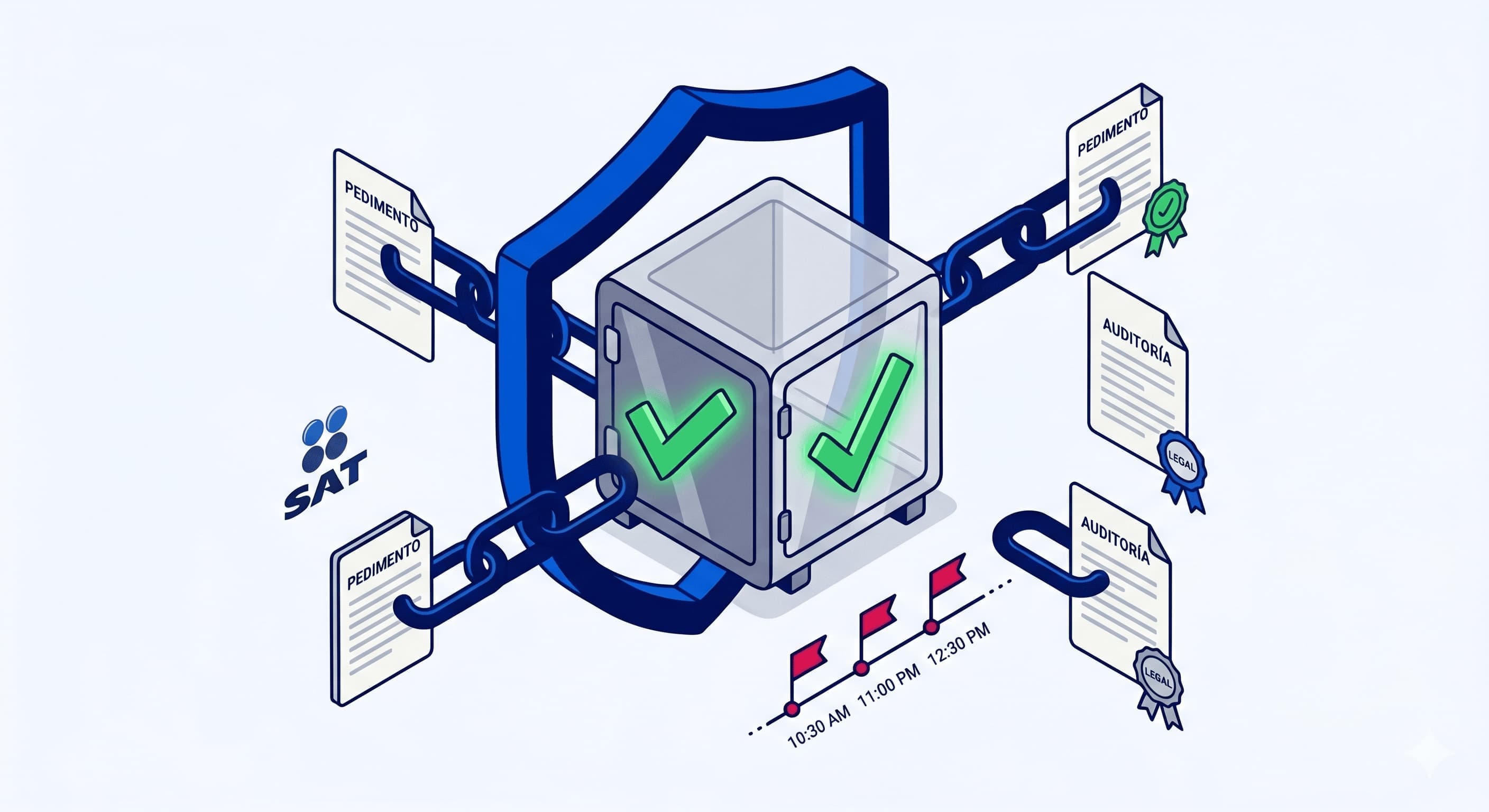 Immutable audit vault chained to pedimentos and audit certificates, representing SAT-ready compliance records