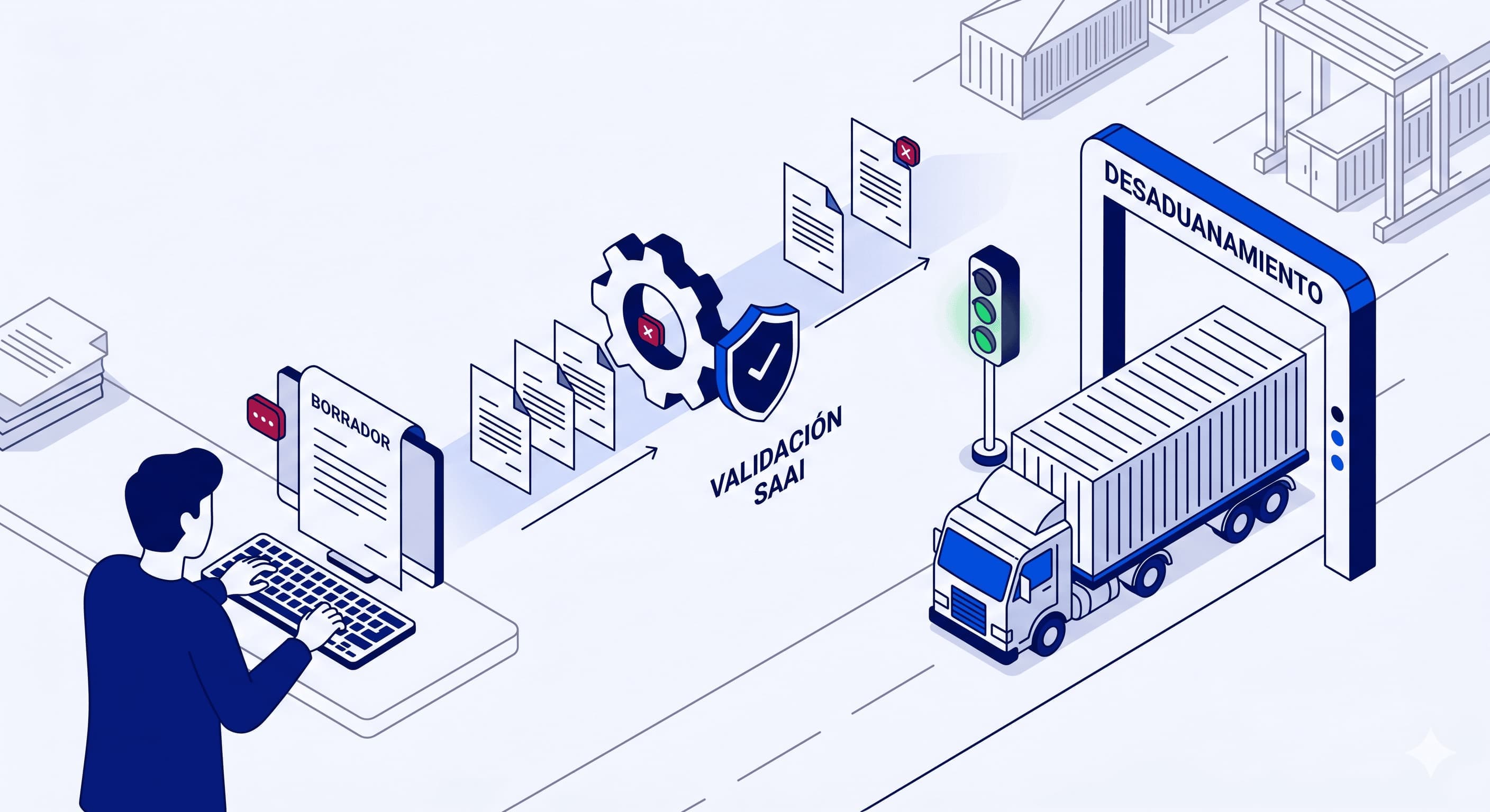 Illustration of a pedimento lifecycle: draft on laptop, SAAI validation and customs release of a truck